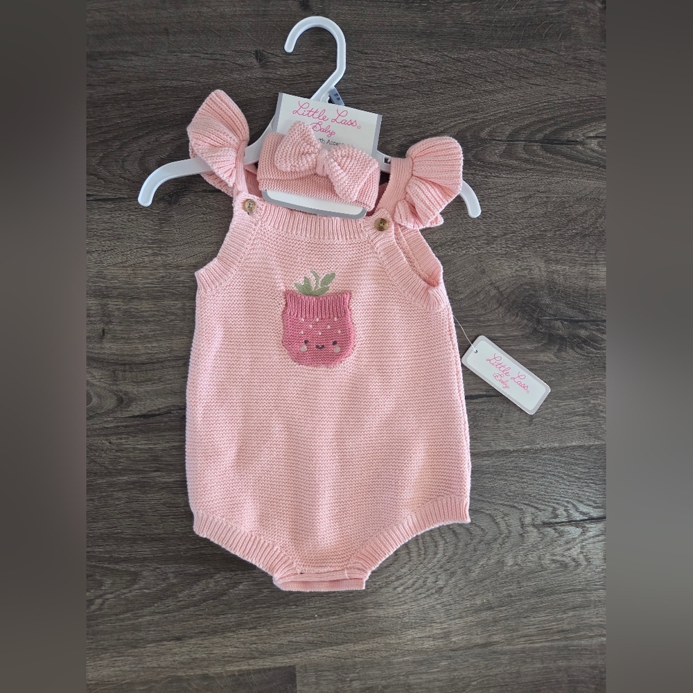 Little Lass Baby Strawberry Knit Romper with Headband Size 18m NWT